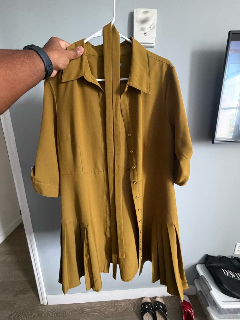 Mustard Button-Front Pleated Hem Tunic Top
